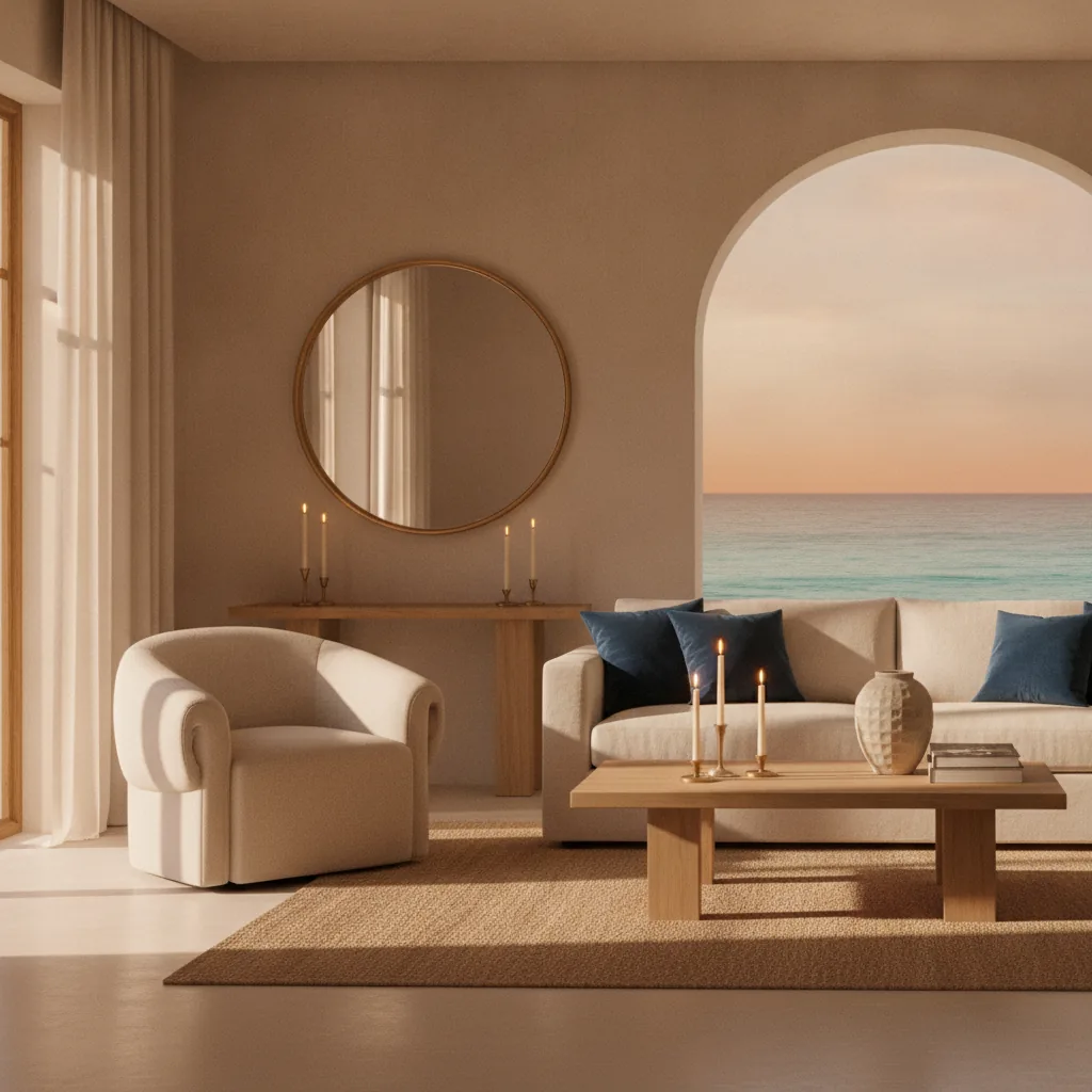 Boutique-luxury editorial, warm welcoming mood, golden-hour natural light