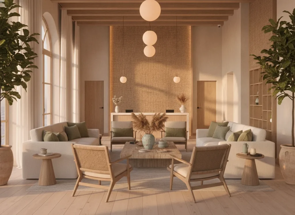 Elegant boutique-hospitality aesthetic, warm inviting mood, natural golden-hour