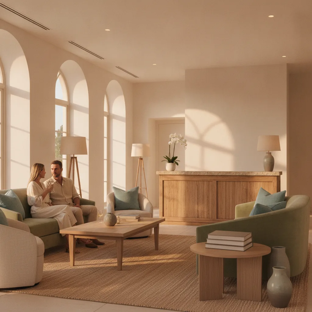 Elegant boutique-hospitality aesthetic, warm inviting mood, natural golden-hour