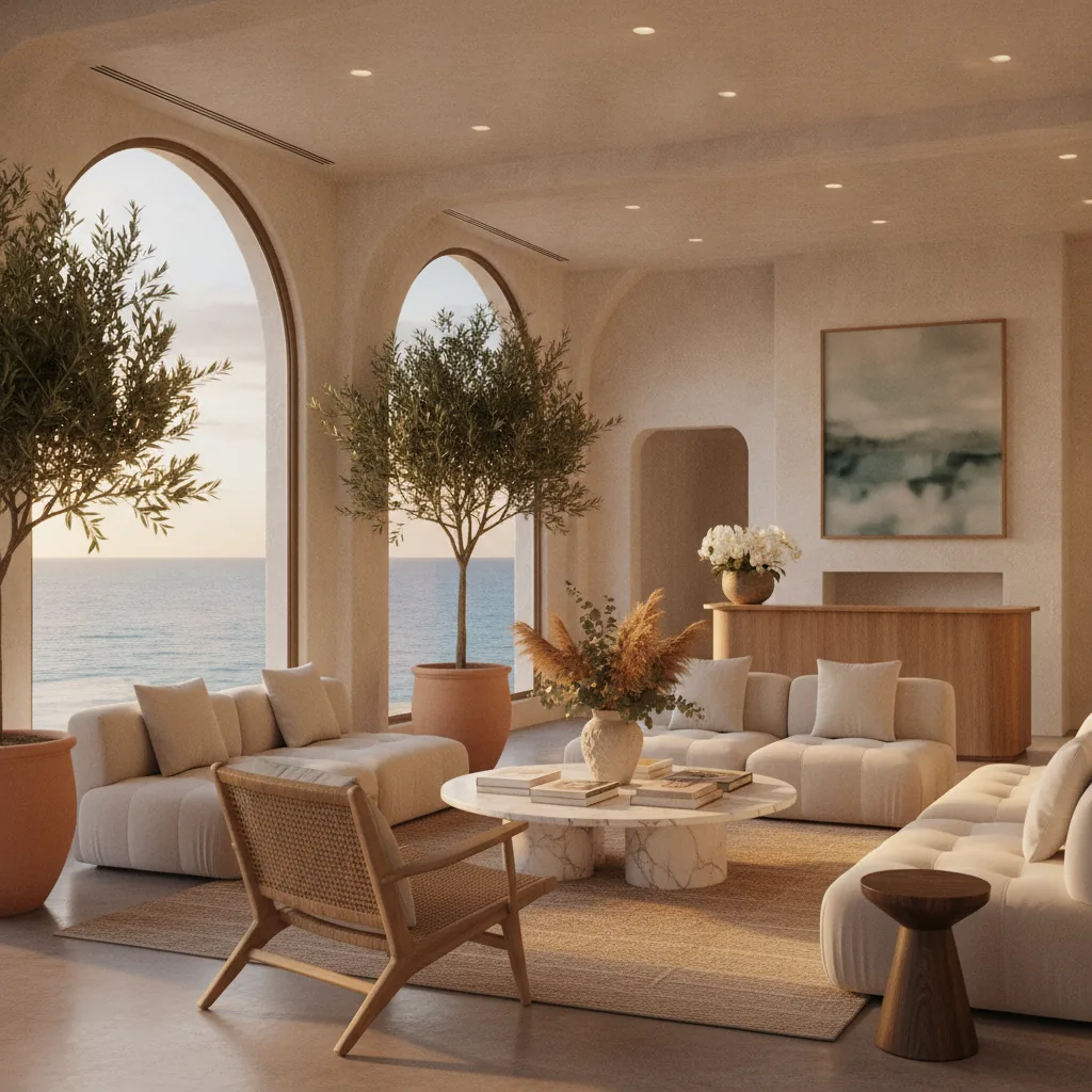 Elegant boutique-hospitality aesthetic, warm inviting mood, natural golden-hour